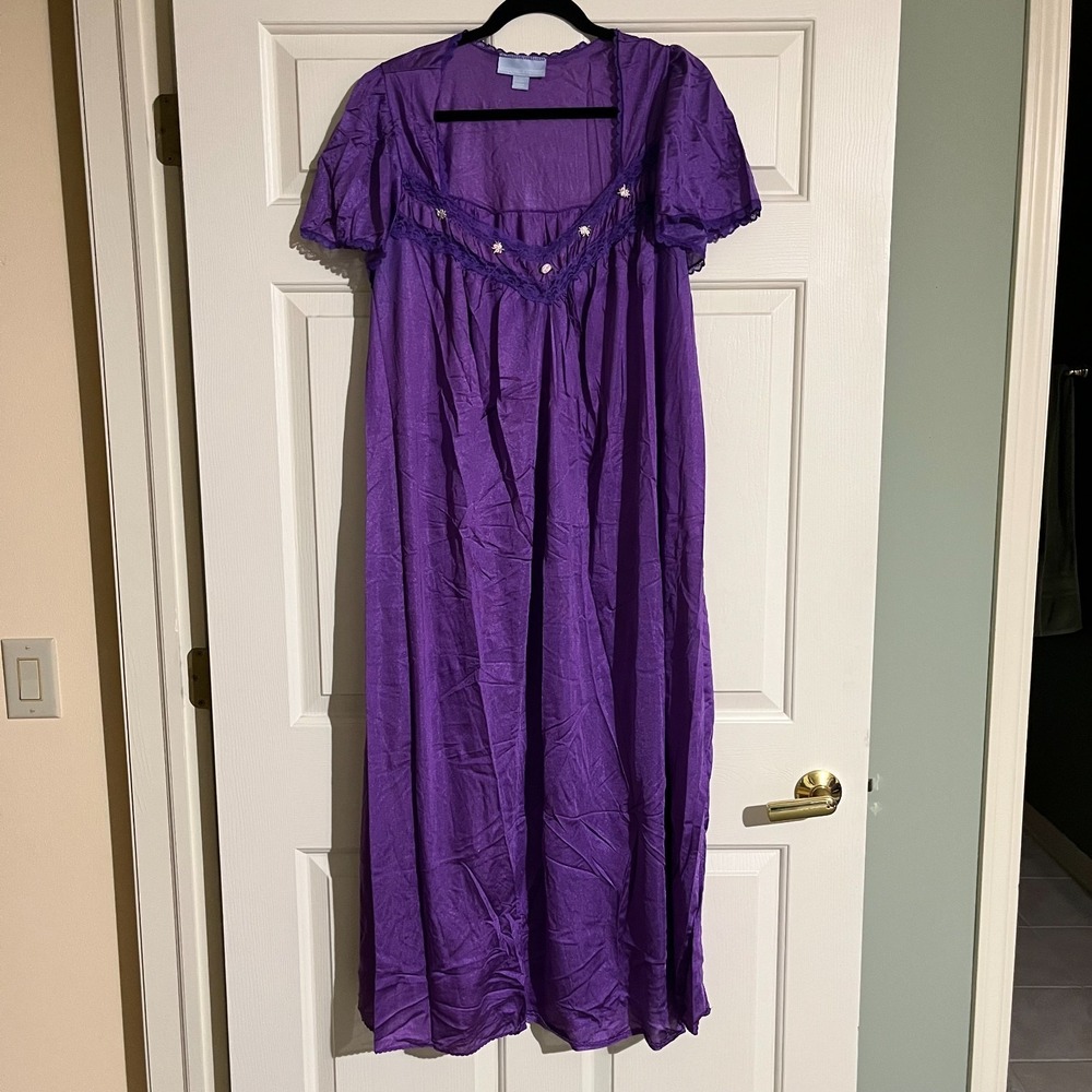 Vintage Only Necessities Nightgown Medium Purple Nylon Satin Lace Floral Maxi M